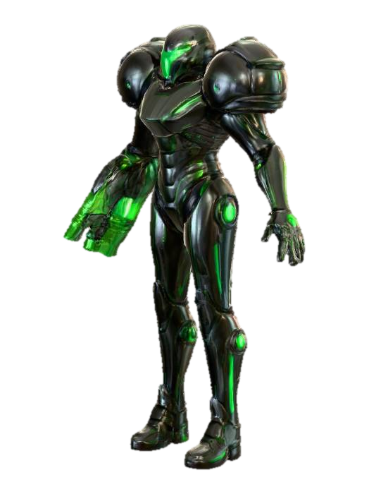 3D model for A powerful, sleek armored suit in the style of Samus Aran, featuring segmented plating of dark, iridescent gunmetal material. Its contours are sharply defined, highlighted by vibrant emerald green glowing lines. Large, aerodynamic shoulder pauldrons and a unique, modular arm cannon with a pulsating energy core define its silhouette. The helmet features a narrow, glowing visor. The suit's robust, smooth metallic texture suggests formidable protection and advanced technology, designed for agile combat and exploration in a hostile environment.