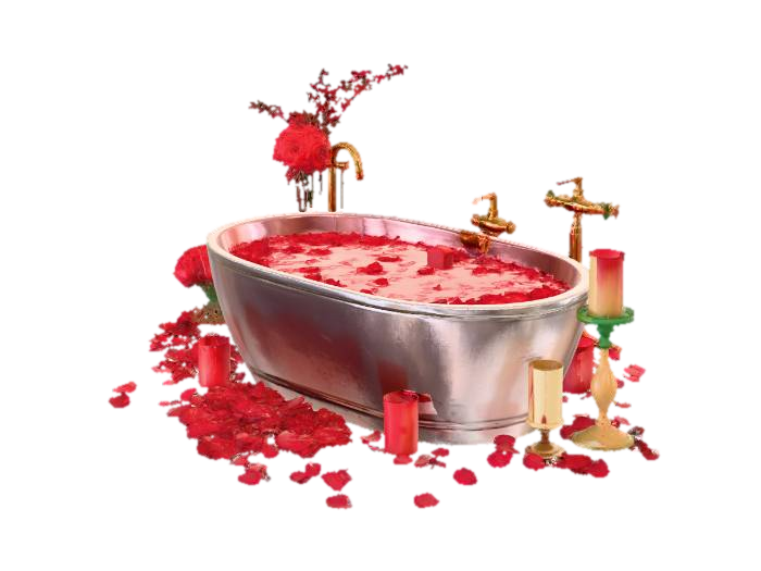 A romantic Valentine’s Day luxury bathroom scene, featuring a large white marble bathtub… 3D model, vytvořený pomocí AI