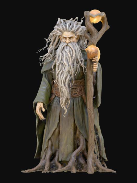 "An ancient, weathered wizard with a long flowing beard and tangled ...
