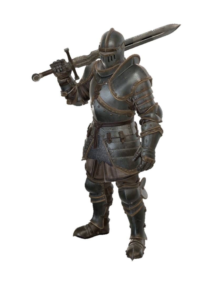 3D model for Um guerreiro da epoca mediavel com uma grande armadura e segurando sua grande espada apoiada no ombro com a viseira fechada