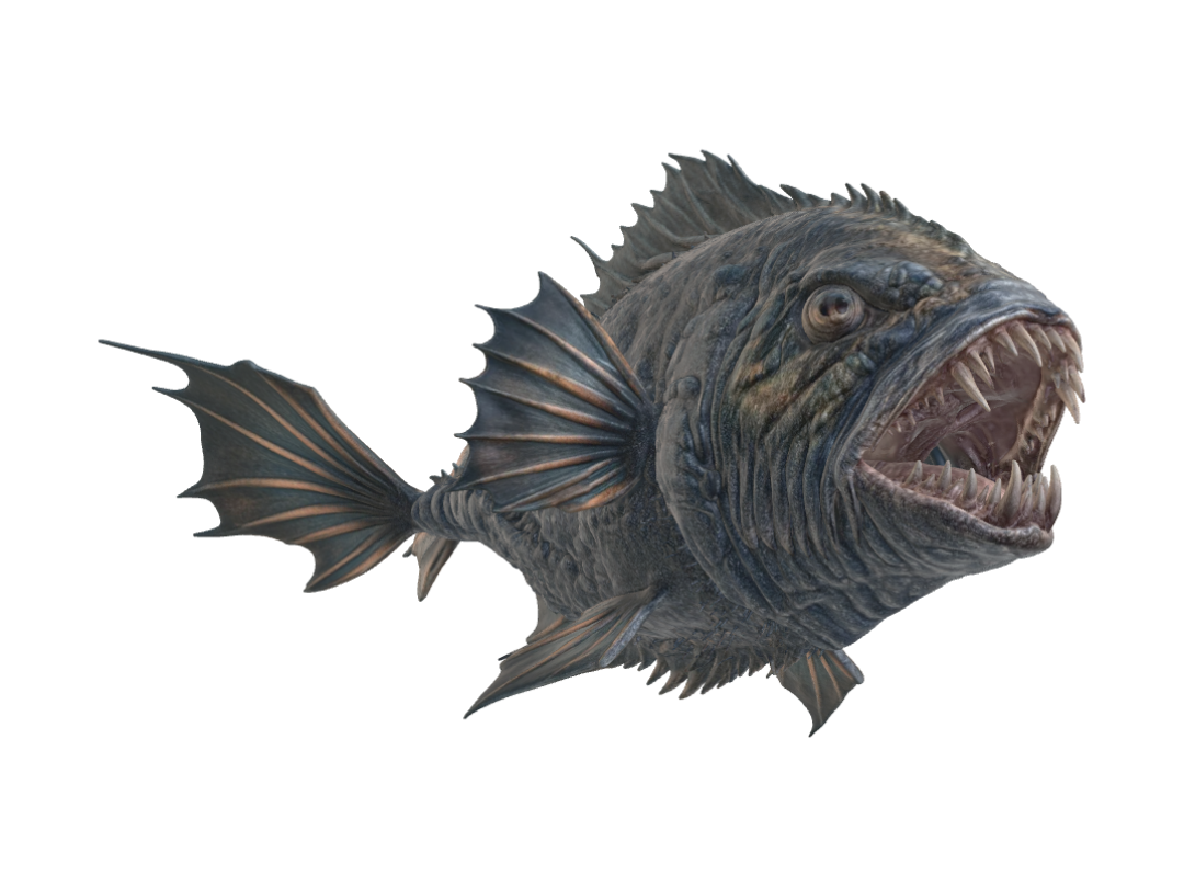 Mô hình 3D của A large, menacing fish head viewed straight from the front, mouth wide open revealing rows…, được tạo bằng AI