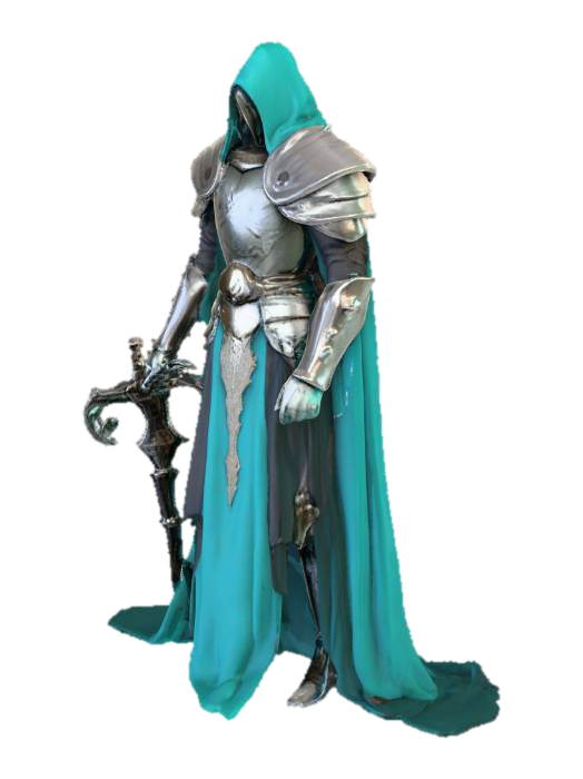 Modèle 3D humanoid rig boss medieval fantasy wearing a cloak teal black wepon in position to use, généré par IA