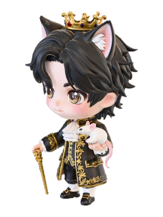 3D model for a chibi like boy figure, not funko pop, but very cutsey, brown eyes at boi, royal outfit and crown, chibi figurine plain background