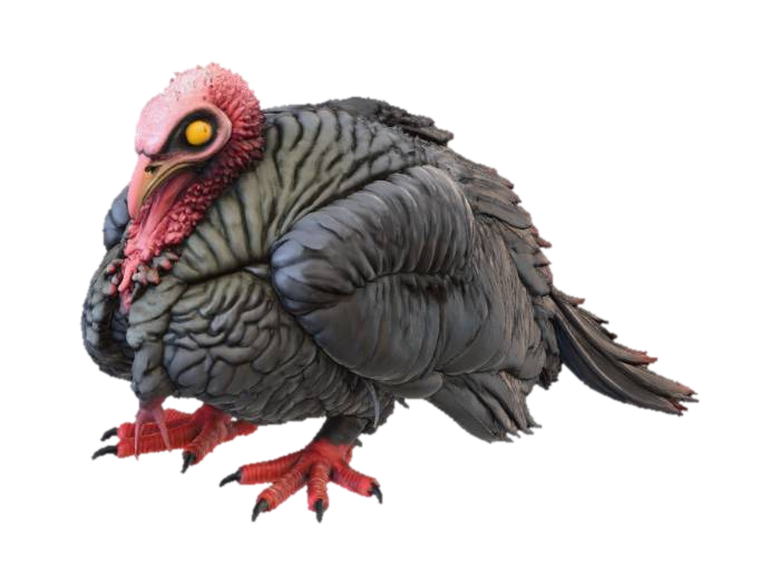 3D model for Pixar-style zombie turkey with a hunched posture. feathers are now tattered and sparse, Large, vacant eyes glow a sickly yellow. The wattle and snood are shriveled and discolored. Its overall texture combines matted, brittle feathers with slimy, mottled skin., #Thanksgiving#
