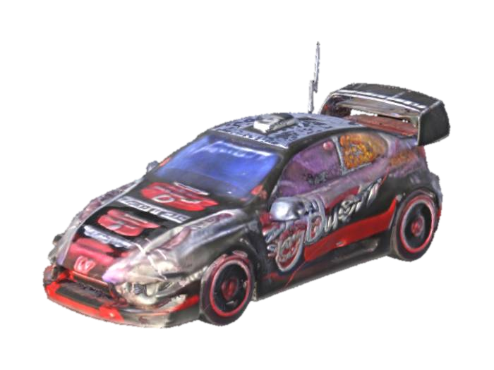 3D model for 3D model, modern rally car, based on Toyota GR Yaris body shape, widebody fenders, aggressive front bumper with large air intakes, prominent rear diffuser, large rear wing (adjustable angle), roof scoop, white, red, and black Gazoo Racing livery, sponsor decals (realistic placement), roll cage visible through windows (if possible), detailed wheels with rally tires, slightly raised suspension