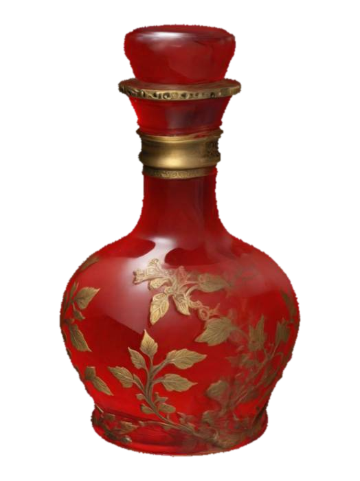 a highly detailed cherry-red potion vial, with a glass container inlaid with decorative brass… 3D model, vytvořený pomocí AI