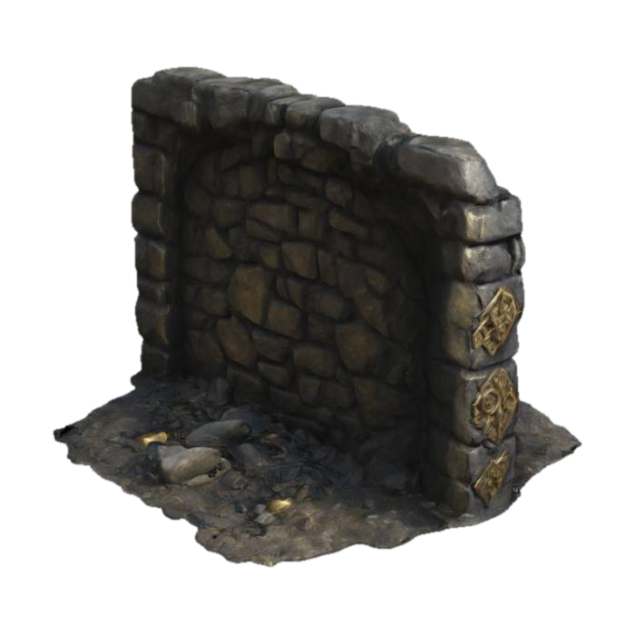 dark fantasy dwarven stone ruined wall, tarnished brass decoration, rubble 3D model, vytvořený pomocí AI