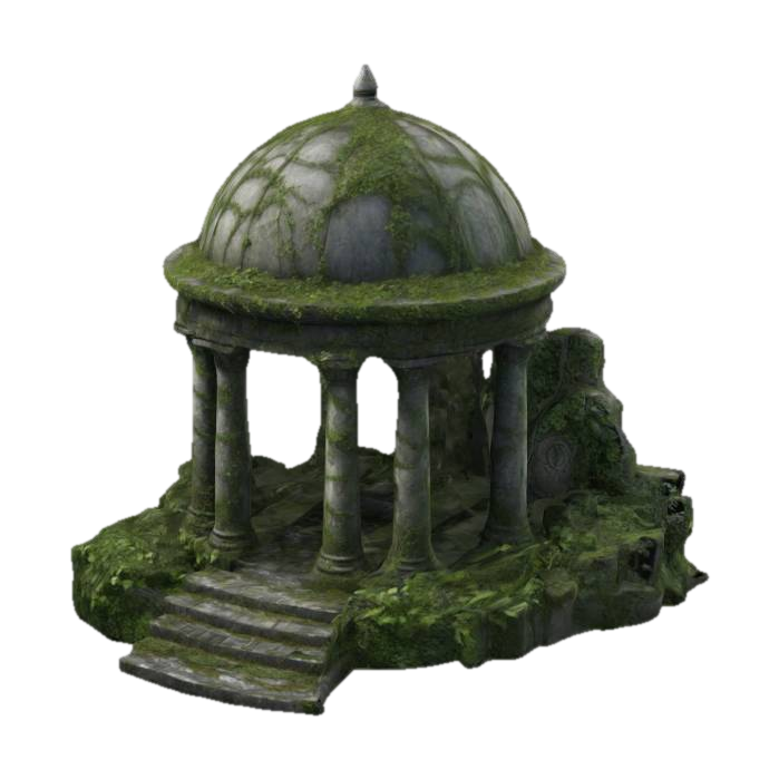 dark fantasy overgrown elven stone ruins, large decorative dome with round columns, highly… 3D model, vytvořený pomocí AI