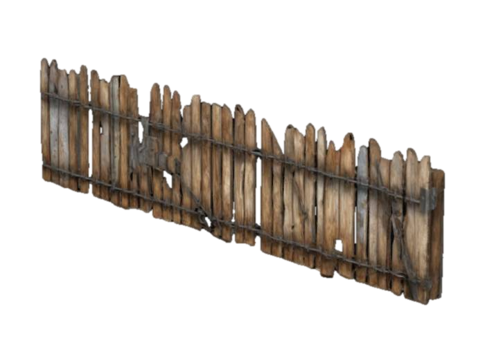 3D model for realistic very long fence made of wood planks, scraps of metal and wire, poorly manufactured, decayed