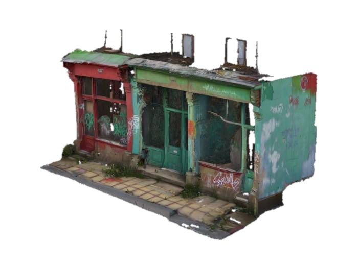 3D model for front facing strip of fascades featuring decayed houses and shops, dirty and painted with graffiti, broken windows, cracks in the walls, gutter pipes and tiles and and rusty metal roofs. Dark style, apocalyptic setting, desaturated high contrast colors