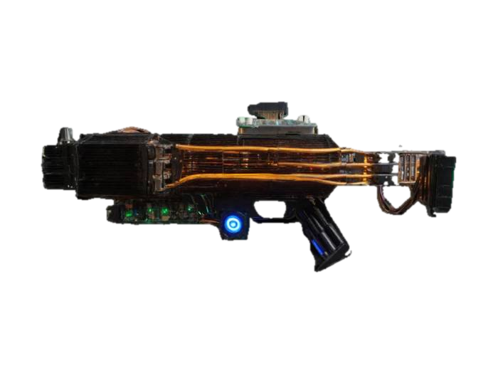 3D model for Barrel: Stacked and welded CPU heat pipes for cooling, reinforced with motherboard panels.
Receiver: Modified computer tower chassis.
Scope: Repurposed webcam with an LED-lit interface.
Magazine: GPU heatsink for efficient heat dissipation.
Trigger: Mechanical keyboard switches for a tactile cyberpunk feel.
Additional elements: Exposed circuitry, glowing LEDs, cybernetic patterns, and a mix of sleek metal and rugged industrial components.