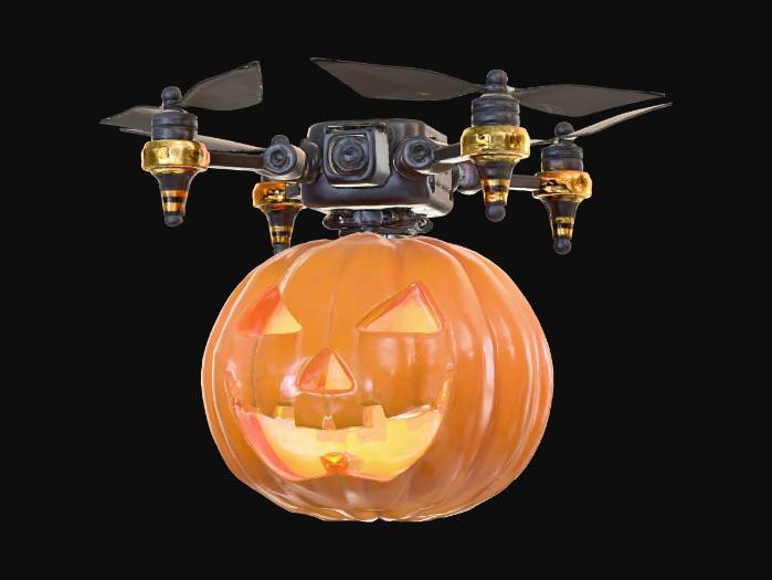 "A pocket-size pumpkin drone lantern with retractable bat-wing rotors ...