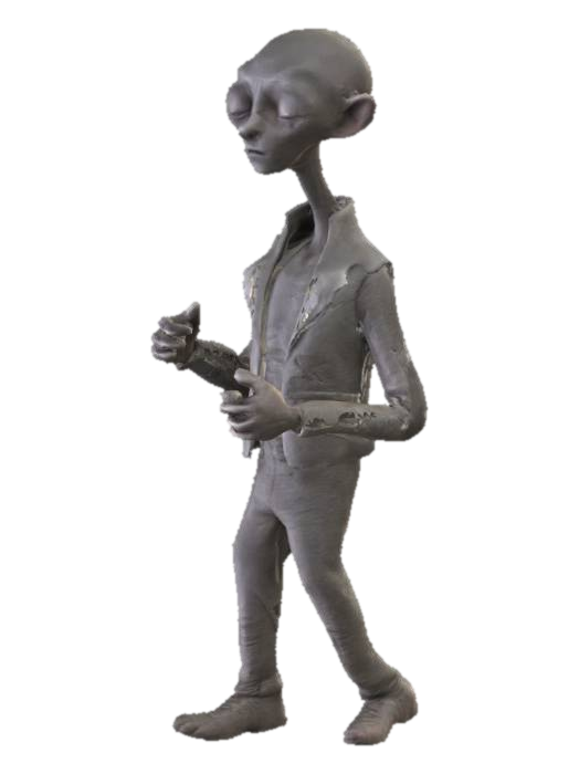 3D model for personnage très fin ayant une tête de forme non-régulière. la forme de sa tête ressemble à un croissant de lune, et les deux extrémités de ce croissant sont placées de sorte à ce qu'on ait l'impression que ce sont des oreilles. ses yeux sont relativement fermés, donnant une impression d'ennui de sa part. son long corps chétif ressemble à celui d'un humain, sauf qu'il est habillé comme un motard. à faire dans le style de Hylics ou de Jack Stauber