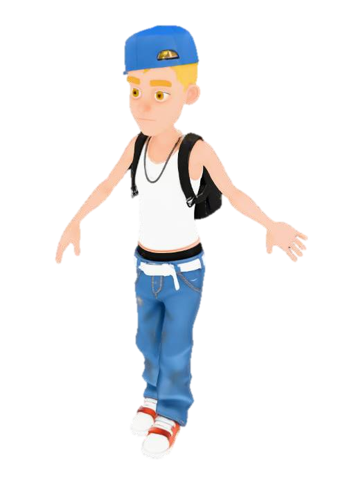 erstelle mir im style von subwaysurfer einen cartoon3d run-charakter in T-Pose von vorne und… 3D model, vytvořený pomocí AI