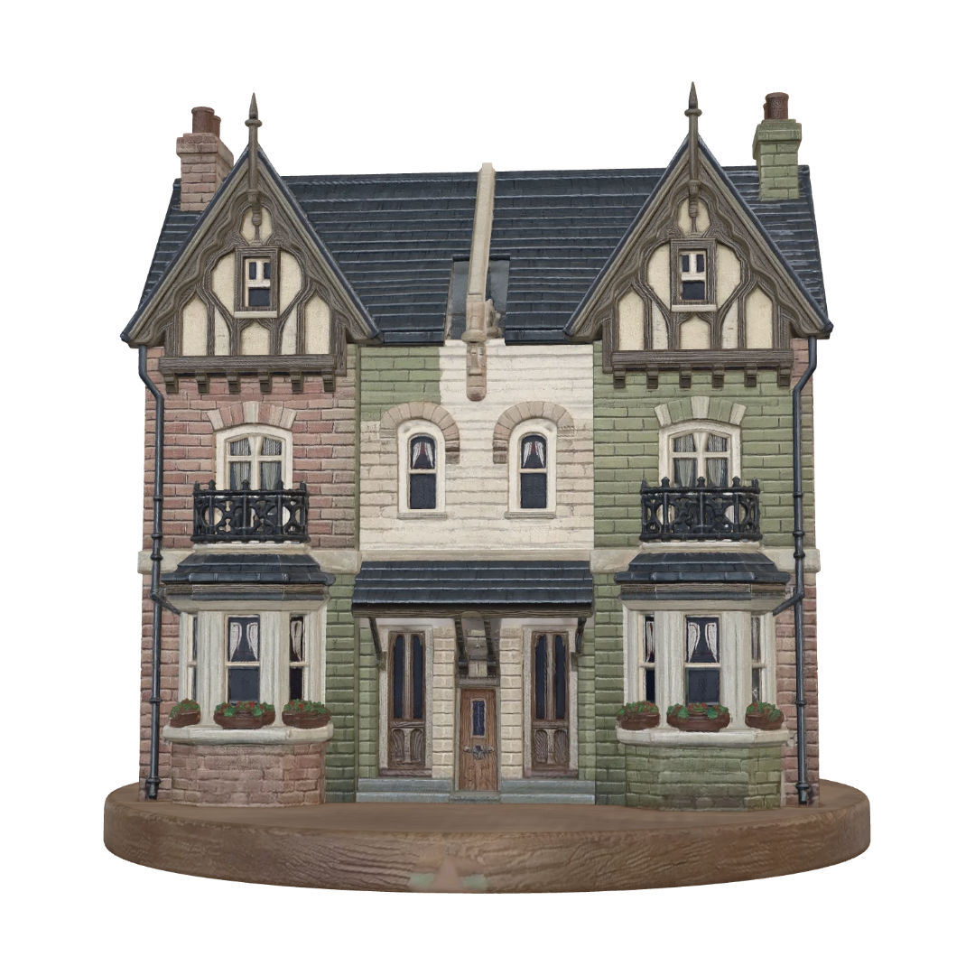 Connected village houses 2 story similar to victorian era london. 3D miniature render, hand… 3D model, vytvořený pomocí AI