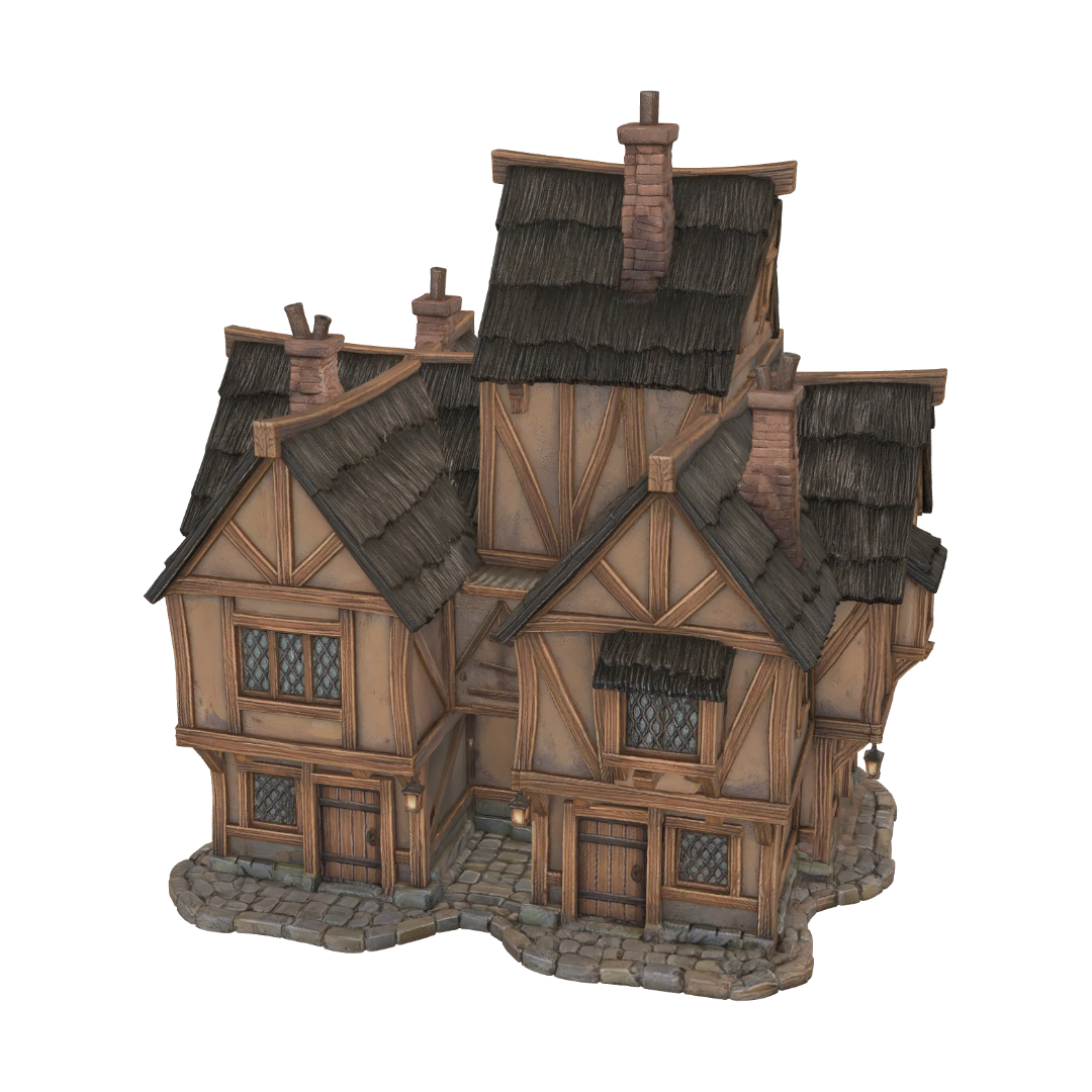 Connected village houses 2 story similar to victorian era london but done as fantasy villages… 3D model, vytvořený pomocí AI