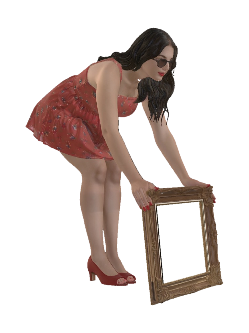 Red Floral Dress Leaning Toward a Mirror 3D model, vytvořený pomocí AI