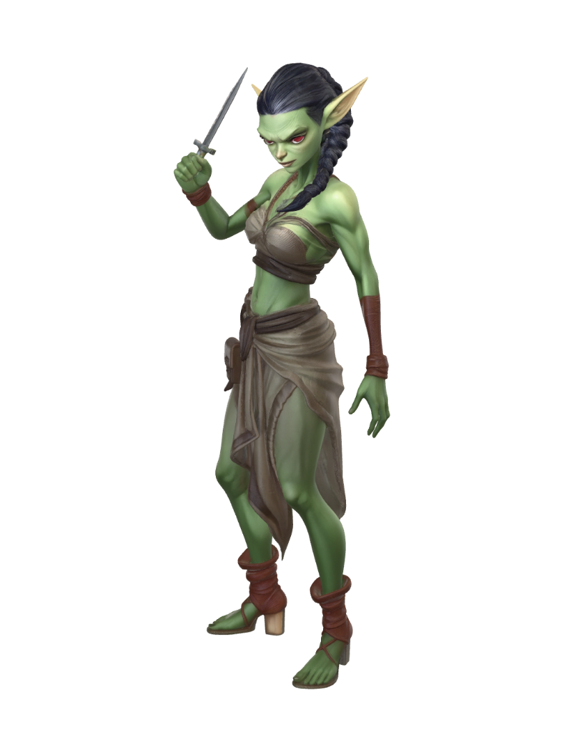 3D model for female goblin assassin with hair tied back in single braid wearing silk sarong and breast band. thin leather belt with belt pouch on right hip with single dagger held for attack in left hand. spiral band around right thigh with low soft boots.