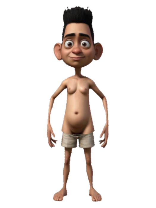 3D model for Naked thin dominican caricsture like made by pixar, Game Assets, Highly Detailed, Ultra Realistic, Symmetrical Body, A-pose, Full Body, ARMS AWAY FROM THE BODY , detailed face , no hair , no fur , game , no gun , no gun, no sword, holder , no belt , no coat ,
