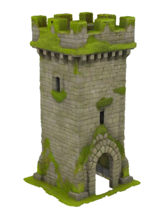 An ancient mosscovered solid rectangular shaped watchtower. Sculpted from massive stone,… 3D model, vytvořený pomocí AI