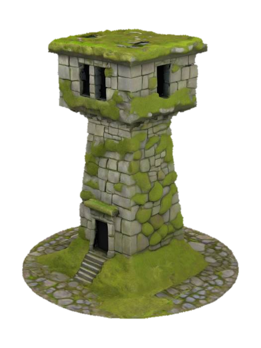 An ancient mosscovered solid rectangular shaped watchtower. Sculpted from massive stone. Has… 3D model, vytvořený pomocí AI