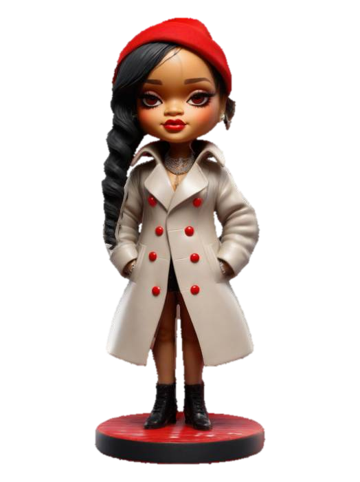 3D model for Rihanna famous American singer dressed in a long coat with flaps and a red hat. Chibi Art Style. Standing on a round base. Highly stylized. Make sure all walls and elements are at least 2 mm thick. Include bold, recessed elements that are at least 2mm deep. Maintain crisp, crisp lines. Features raised to rise at least 2mm above the surface. Details engraved in recesses at least 2 mm deep for clarity. DND.