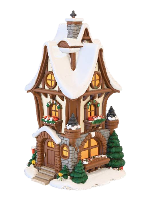 3D model for Reality. This is a digitally created image of a whimsical, snowy fairytale cottage with a curved multi-gable roof and intricate wood details. The structure is painted white and cream, with wooden balconies adorned with potted plants and flowers. Snow covers the roof and the windows, which are covered in snow. The architecture of the cottage features ornate carvings, a stone fireplace, and a wooden door with a lantern.
