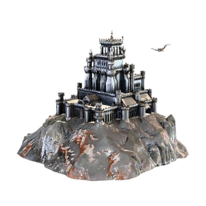 Epic fantasy movie scene, a giant ancient stone castle perched on a snowy mountain peak,… 3D model, vytvořený pomocí AI