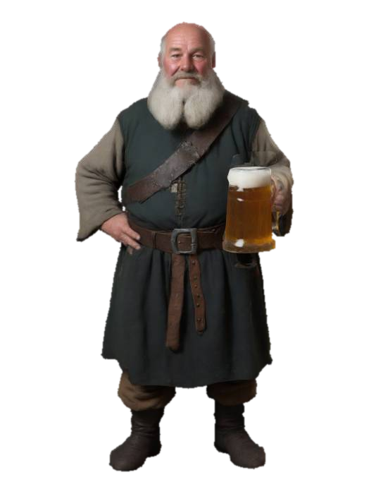 3D model for jim benson, a medieval tavern owner. he is 65 years old, slightly large and had a beer in hand