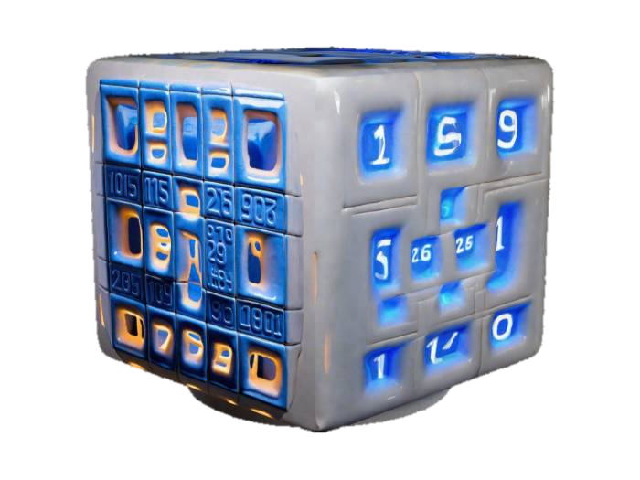 3D model for Create an image of a ceramic cube sculpture, textured with binary numbers (1s and 0s) incised into all sides. Inside the cube, include a glowing blue LED light that illuminates the binary patterns, creating a striking contrast between the traditional ceramic material and the modern, digital symbolism.