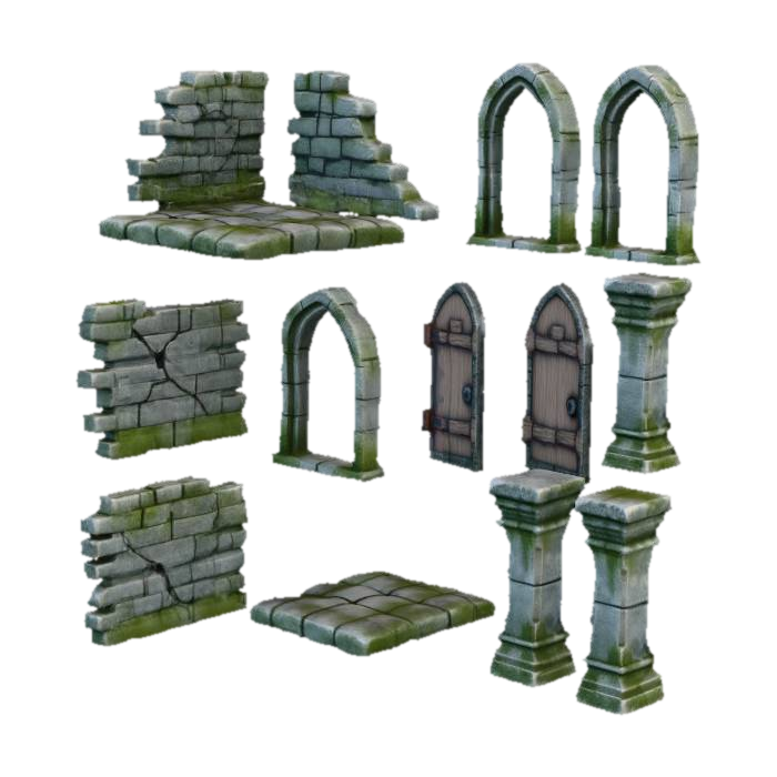 3D model for Create a realistic procedural medieval dungeon kit. Include modular elements such as stone walls, floors, archways, doors, and pillars. All pieces should have rough, uneven stones with cracks, wear, subtle moss, and damp stains. Textures must be high-detail, tileable, and consistent across modules. Emphasize a dark, cold, and decrepit atmosphere, suitable for building varied dungeon layouts while maintaining realism and cohesion.
