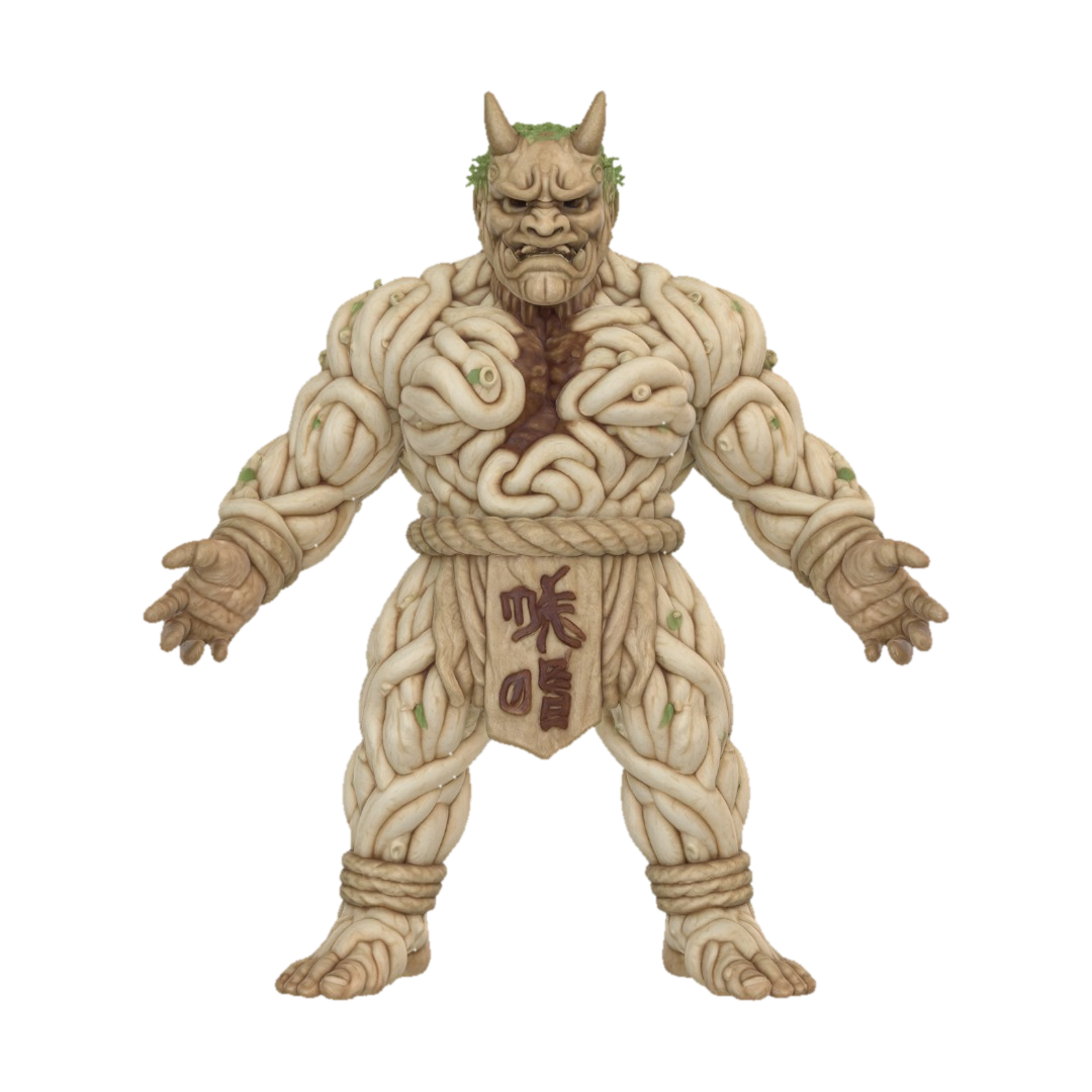 A fearsome "Miso Oni Ogre," its powerful physique formed from thick, chewy udon noodles,… 3D model, vytvořený pomocí AI