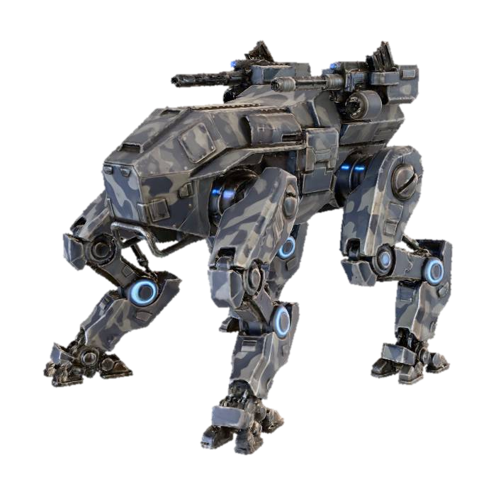 3D model for a robot with four legs. combat. battle. dystopic. photoreal. navy. camouflage