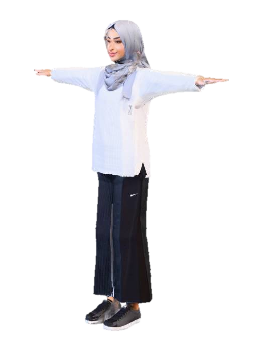 a girl wearing grey hijab, white long sleeve t-shirt with black pants and black sneakers. do… 3D model, vytvořený pomocí AI