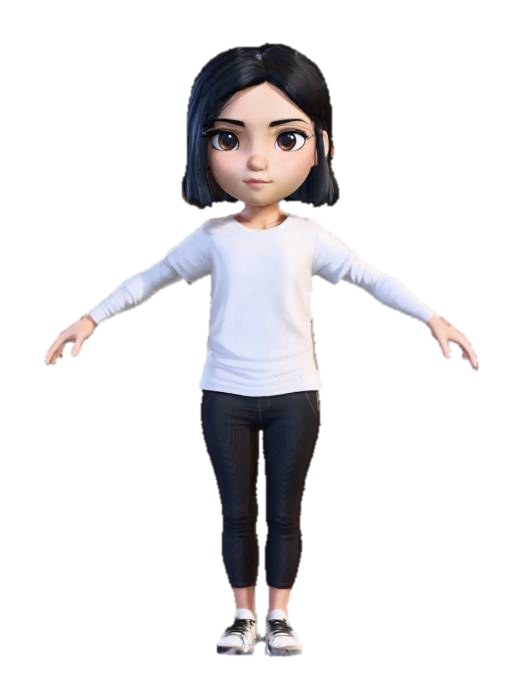 make a girl character black hair until shoulder length. wearing a long sleeve white tshirt… 3D model, vytvořený pomocí AI