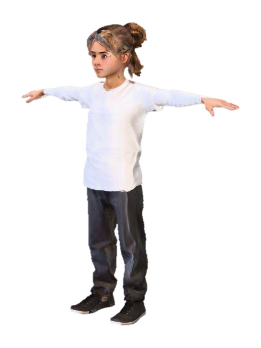 A 15-year-old girl with her hair tied in a ponytail, wearing a long-sleeve white T-shirt,… 3D model, vytvořený pomocí AI