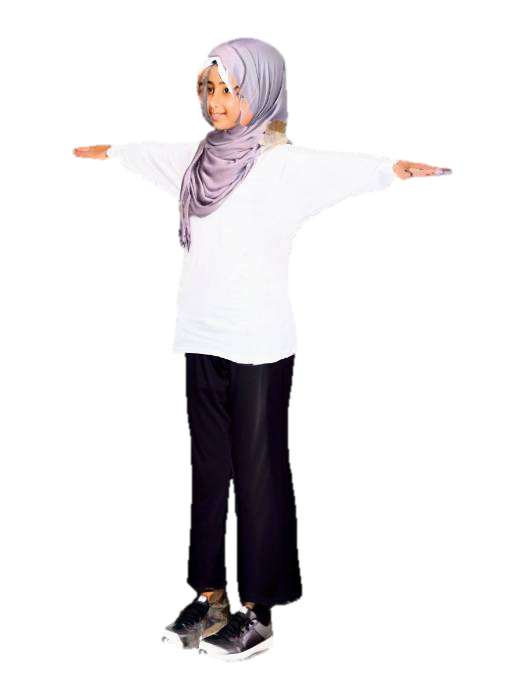 A 15-year-old girl wearing a neat hijab, long sleeve white T-shirt, black pants, and black… 3D model, vytvořený pomocí AI