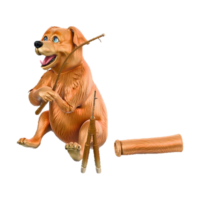 3D model for dog with a fishing rod in its paw casting the line out into the water as it sits on the river bank