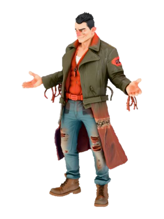 3D model for Stylized 3D male villain character, about 40 years old, thin and slightly hunched body, face with scars, flat nose, messy short hair. Wears a torn jacket and paint-stained pants. Gritty, intimidating street look, cartoon semi-realistic proportions like Fortnite style. Optional props: holding a broken bottle or knife. Standing in T-pose, full body, clean topology, PBR materials, Unreal Engine 5 compatible, neutral lighting.