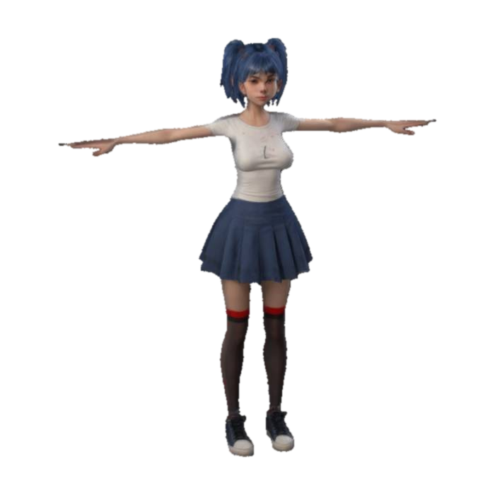 3D model for A 3D model of a young female character , teenager, standing in a T-pose. She has long shoulder-length Marine Blue hair, natural skin tone. Dressed casual clothes: a fitted white and red shaded dress, black skirt , thigh-high black stockings and black sneakers, with realistic human anatomy. Includes PBR textures, detailed hair, realistic skin shadows, and soft lighting. Optimized for high-quality 3D printing.
