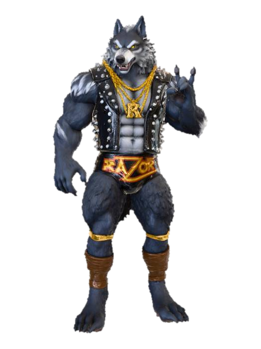 A wolf as the Razor Ramon from WWF drawn Blizzard games, 3D model, vytvořený pomocí AI
