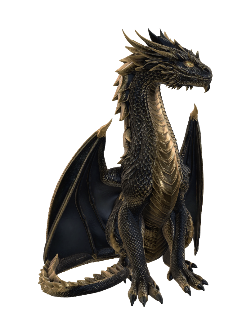 Create a photorealistic, 3D image of a gold and black dragon sitting up tall and proud,… 3D model, vytvořený pomocí AI