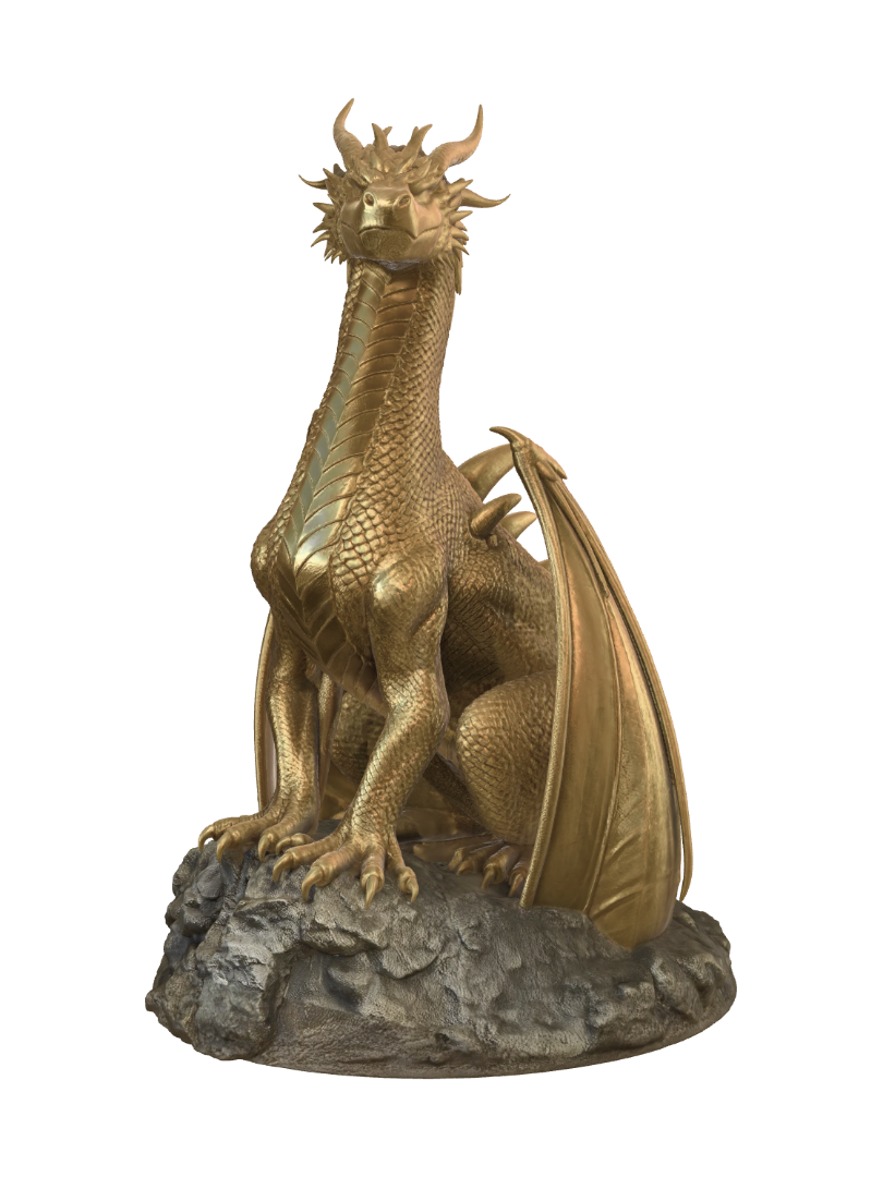 Create a photorealistic, 3D image of a gold dragon, sitting tall and proud, looking down with… 3D model, vytvořený pomocí AI