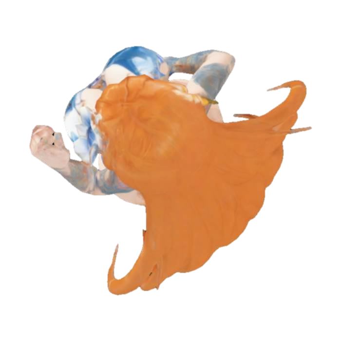 3D model for shows an anime-style female character with long, wavy orange hair. She is wearing a blue and white bikini with a shark face design on the top. She also has a tattoo on her left upper arm, a flower in her hair, and is wearing blue flip-flops. Her pose is relaxed, with one hand on her hip and the other pointing upwards.
