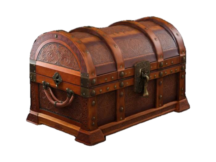 3D model for an ornate treasure chest, matte texture, leather and mahogany wood construction, wood carved geometric filigree along posts, leather is worn and durable. A keyhole lock mechanism with a dual button opening latch.