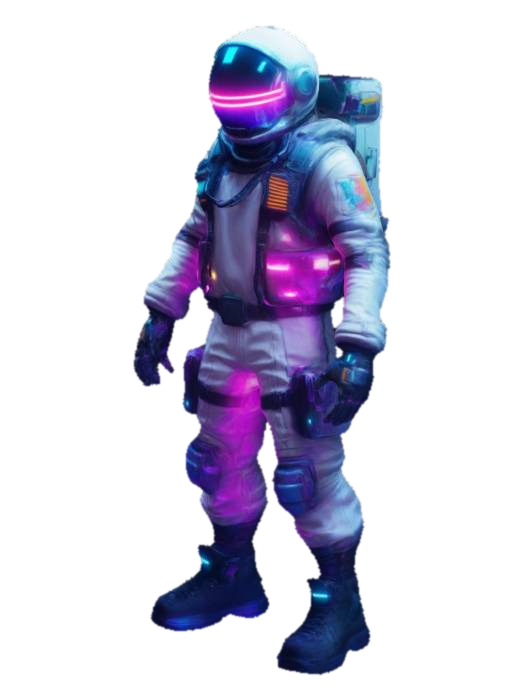 3D model for un hombre con ropa ciberpunk con luces de neon con un casco de astronauta con luces de neon en la visera ciberpunk la visera que ocupe todo el casco,estilo visual del videojuego fornite,fondo, blanco puro.