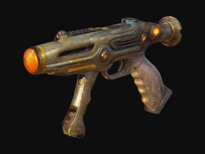 "a sci-fi alien gun inspired by Oddworld: Stranger's Wrath, Sunset ...