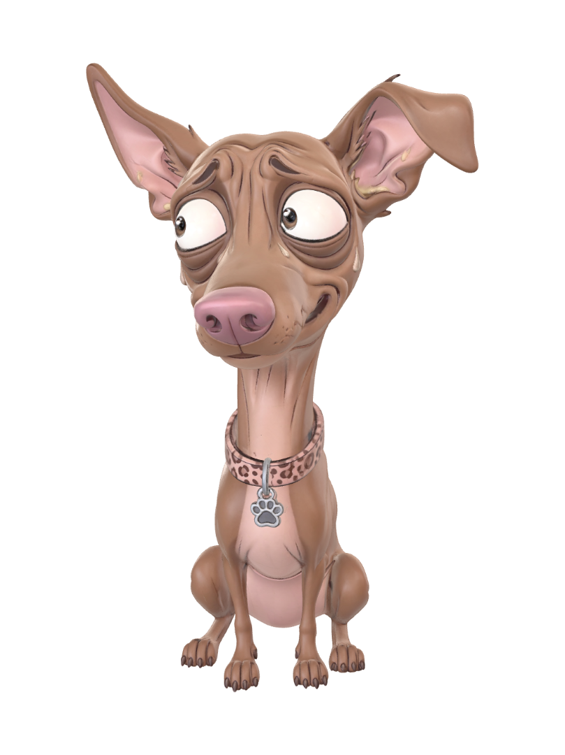 Create a funny cartoon version of funny ,worried sitting dog in the style of ren and stimpy.… 3D model, vytvořený pomocí AI