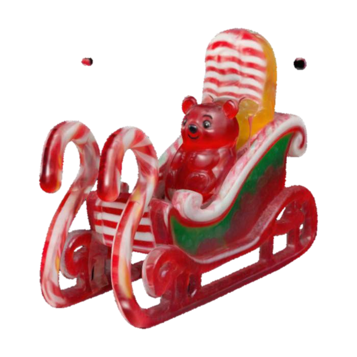 3D model for #ChristmasAdventure#, A whimsical candy sleigh crafted entirely from edible elements. The runners are twisted licorice, the seat and frame are molded from vibrant candy canes, and the wheels are oversized jellybeans. Pulled by adorable gummy bear creatures with a glossy, translucent texture. The sleigh features detailed candy swirls, gumdrop decorations, and a striped candy pole at the front for reins.