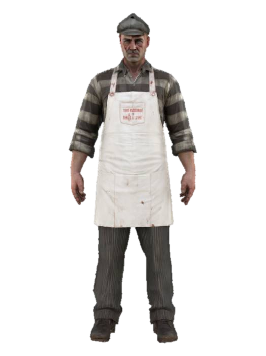 realistic butcher in 1930 great depression era, arms spread, a-pose, high details 3D model, vytvořený pomocí AI